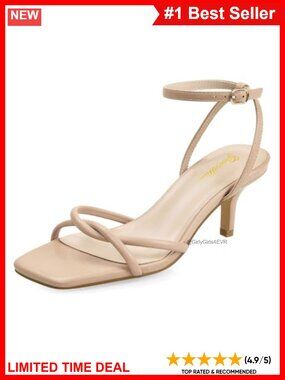 Strappy Kitten Heel Sandals Square Open Toe Ankle Strap Low Heels Dressy